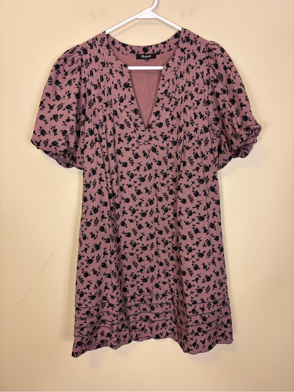 Madewell Mauve Floral Short Sleeve Mini Dress with Black Print Medium